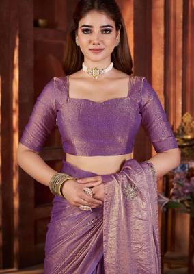 Purple satin embroidered hand embroidery heavy look ethnic saree with blouse 5
