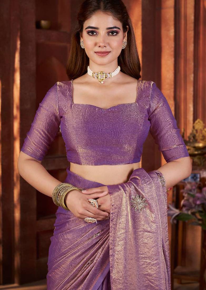 Purple satin embroidered hand embroidery heavy look ethnic saree with blouse