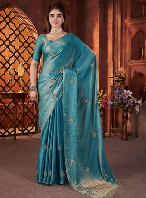 Teal satin embroidered hand embroidery heavy look ethnic saree with blouse 1