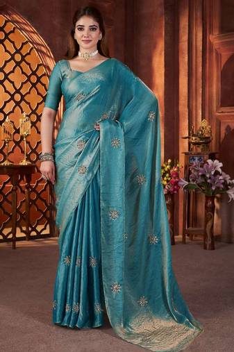 Teal satin embroidered hand embroidery heavy look ethnic saree with blouse