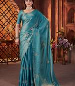 Teal satin embroidered hand embroidery heavy look ethnic saree with blouse