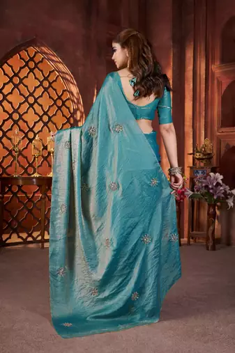 Teal satin embroidered hand embroidery heavy look ethnic saree with blouse