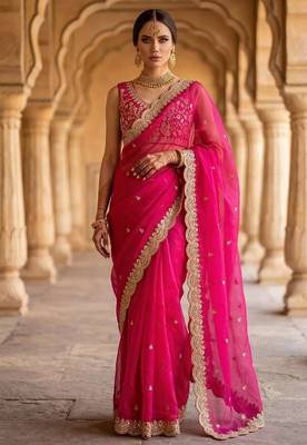 Rani pink satin embroidered sequins work heavy look ethnic saree with blouse 1