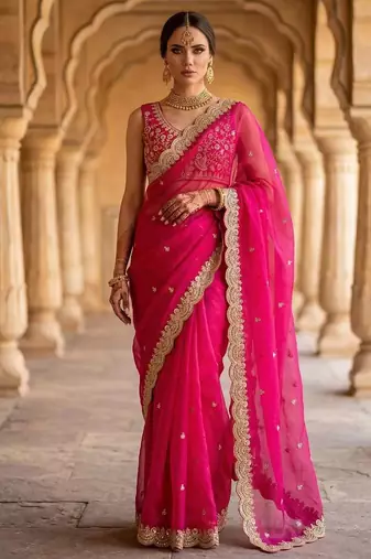Rani pink satin embroidered sequins work heavy look ethnic saree with blouse
