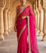 Rani pink satin embroidered sequins work heavy look ethnic saree with blouse