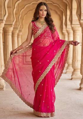 Rani pink satin embroidered sequins work heavy look ethnic saree with blouse 2