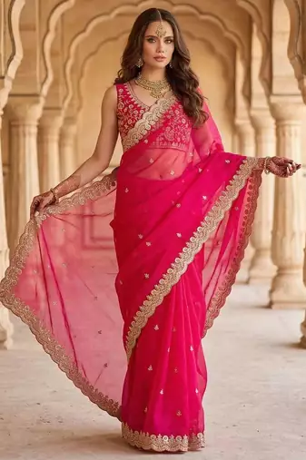 Rani pink satin embroidered sequins work heavy look ethnic saree with blouse
