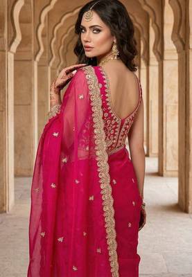 Rani pink satin embroidered sequins work heavy look ethnic saree with blouse 3