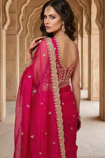 Rani pink satin embroidered sequins work heavy look ethnic saree with blouse