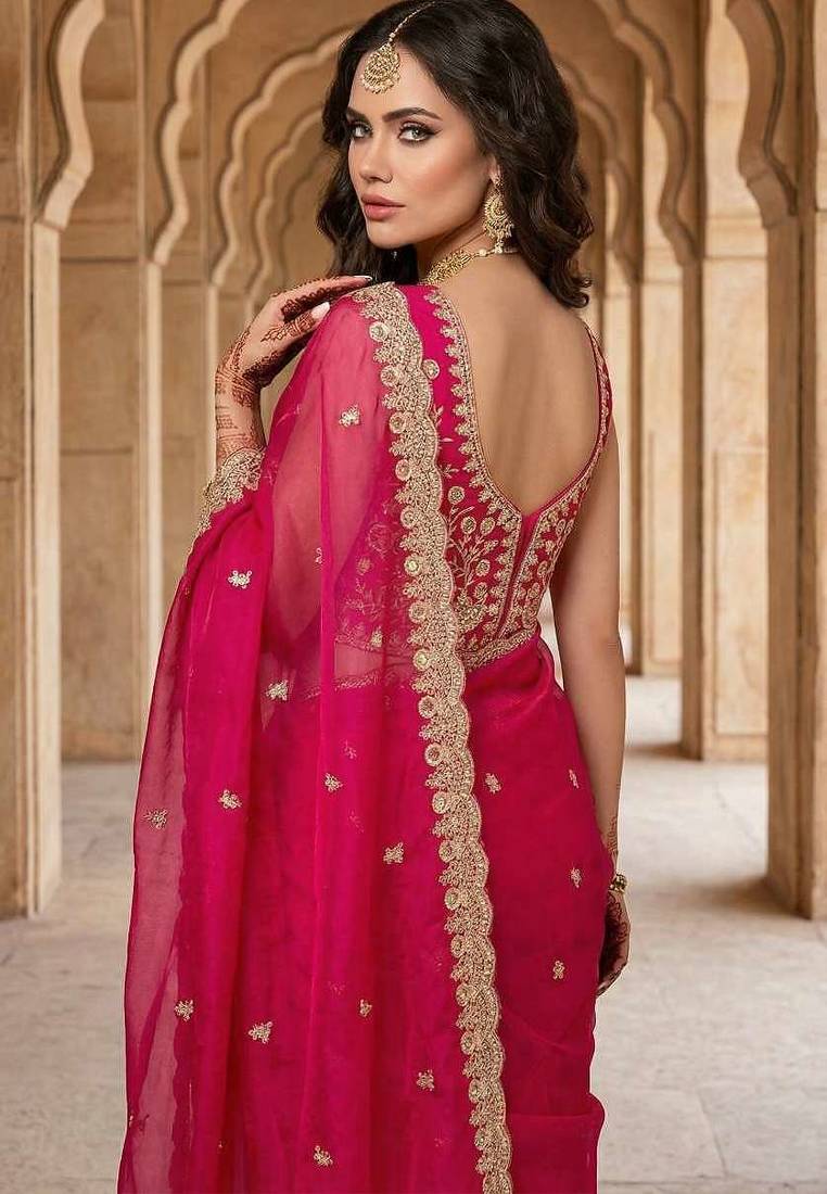 Rani pink satin embroidered sequins work heavy look ethnic saree with blouse