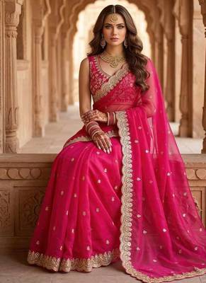 Rani pink satin embroidered sequins work heavy look ethnic saree with blouse 4