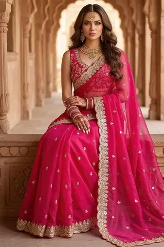 Rani pink satin embroidered sequins work heavy look ethnic saree with blouse