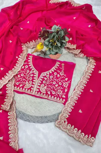 Rani pink satin embroidered sequins work heavy look ethnic saree with blouse