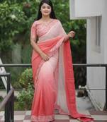 Peach faux georgette embroidered mirror work heavy look ethnic saree with blouse