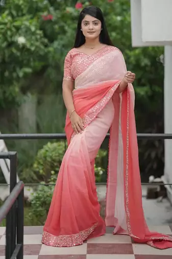 Peach faux georgette embroidered mirror work heavy look ethnic saree with blouse