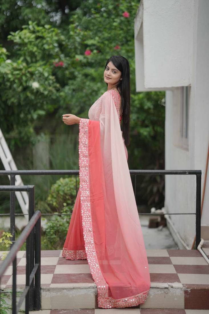 Peach faux georgette embroidered mirror work heavy look ethnic saree with blouse
