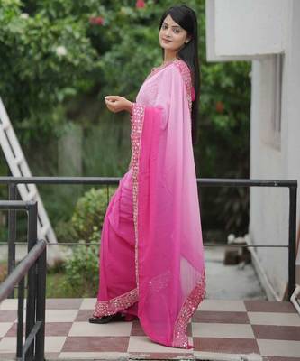 Pink faux georgette embroidered mirror work heavy look ethnic saree with blouse 3