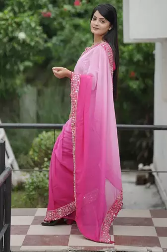 Pink faux georgette embroidered mirror work heavy look ethnic saree with blouse