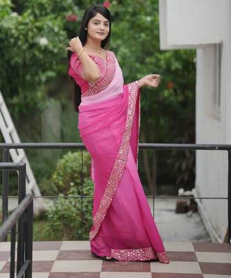 Pink faux georgette embroidered mirror work heavy look ethnic saree with blouse 4