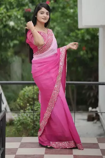 Pink faux georgette embroidered mirror work heavy look ethnic saree with blouse