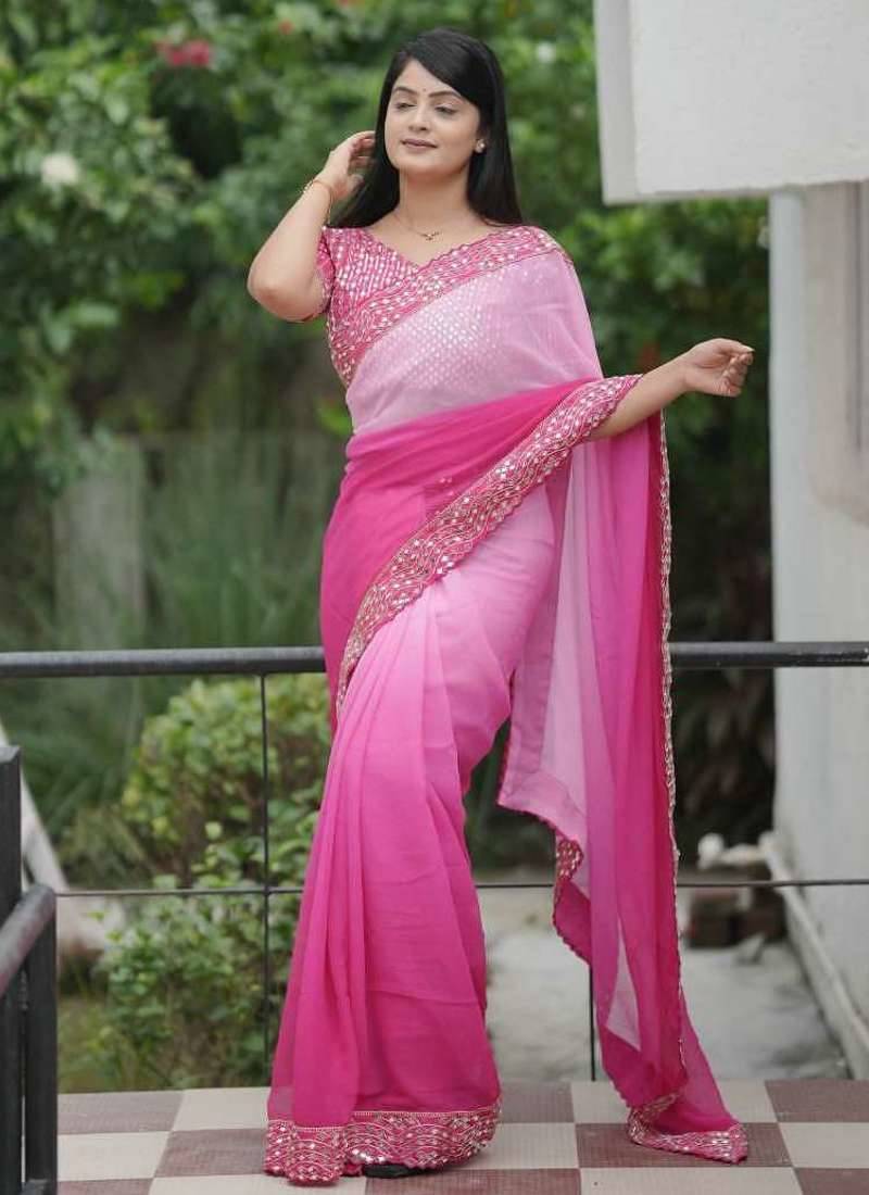 Pink faux georgette embroidered mirror work heavy look ethnic saree with blouse