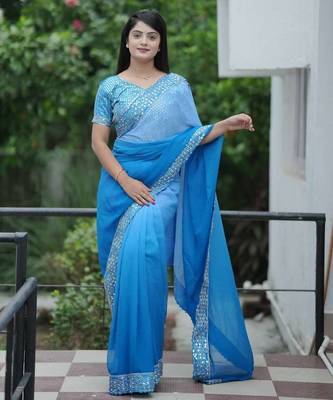 Teal faux georgette embroidered mirror work heavy look ethnic saree with blouse 1