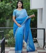 Teal faux georgette embroidered mirror work heavy look ethnic saree with blouse