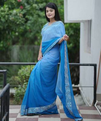 Teal faux georgette embroidered mirror work heavy look ethnic saree with blouse 3