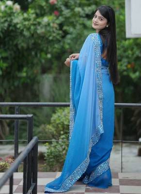 Teal faux georgette embroidered mirror work heavy look ethnic saree with blouse 4
