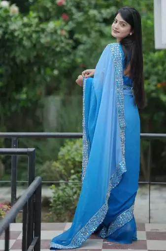 Teal faux georgette embroidered mirror work heavy look ethnic saree with blouse
