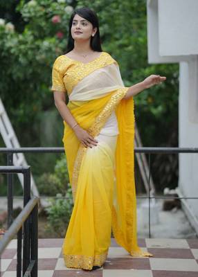 Yellow faux georgette embroidered mirror work heavy look ethnic saree with blouse 2