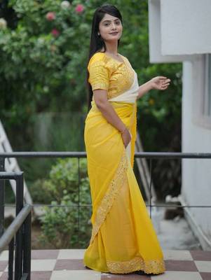 Yellow faux georgette embroidered mirror work heavy look ethnic saree with blouse 5