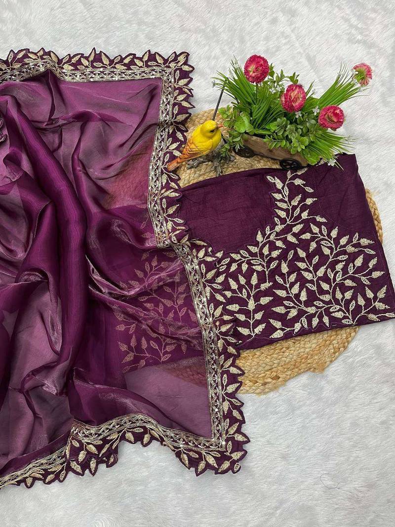 Purple silk embroidered sequins work heavy look ethnic saree with blouse