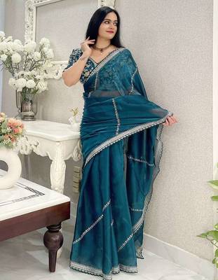 Green silk embroidered sequins work heavy look ethnic saree with blouse 1