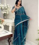Green silk embroidered sequins work heavy look ethnic saree with blouse