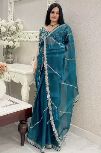 Green silk embroidered sequins work heavy look ethnic saree with blouse