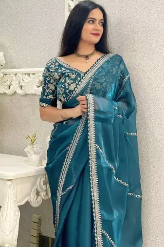 Green silk embroidered sequins work heavy look ethnic saree with blouse