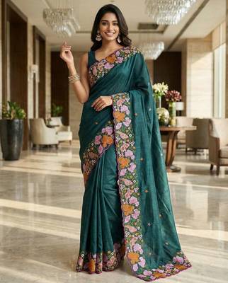 Green manipuri silk embroidered thread work heavy look ethnic saree with blouse 1