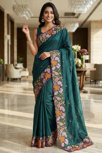 Green manipuri silk embroidered thread work heavy look ethnic saree with blouse