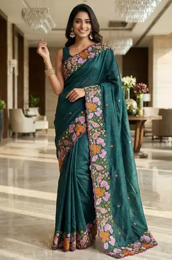 Green manipuri silk embroidered thread work heavy look ethnic saree with blouse