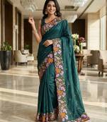 Green manipuri silk embroidered thread work heavy look ethnic saree with blouse