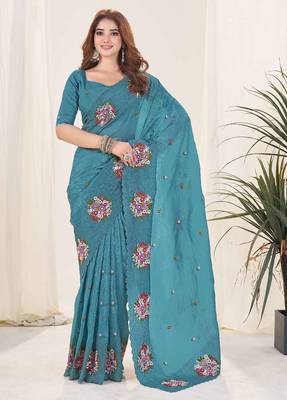 Turquoise georgette embroidered thread work heavy look ethnic saree with blouse 1