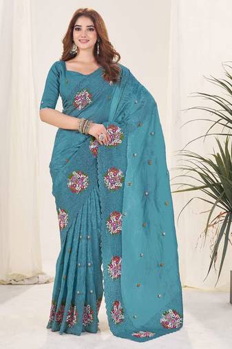 Turquoise georgette embroidered thread work heavy look ethnic saree with blouse