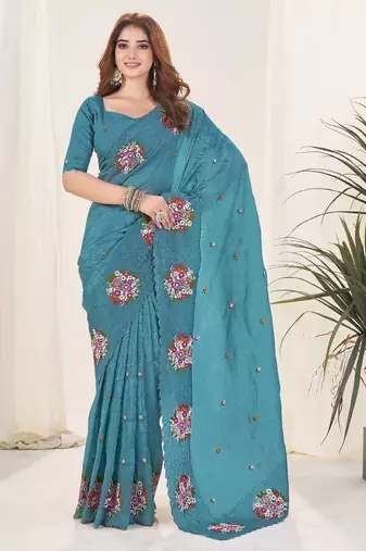 Turquoise georgette embroidered thread work heavy look ethnic saree with blouse