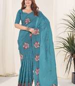 Turquoise georgette embroidered thread work heavy look ethnic saree with blouse