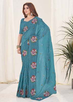 Turquoise georgette embroidered thread work heavy look ethnic saree with blouse 2