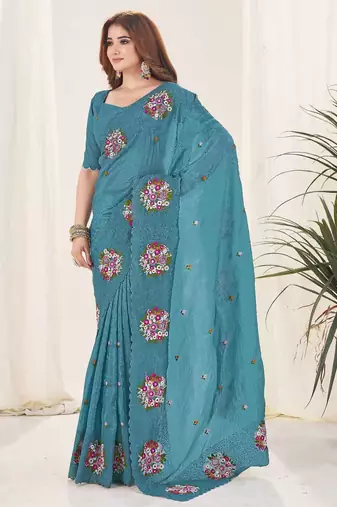 Turquoise georgette embroidered thread work heavy look ethnic saree with blouse