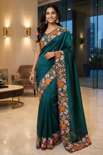 Green manipuri silk embroidered thread work heavy look ethnic saree with blouse