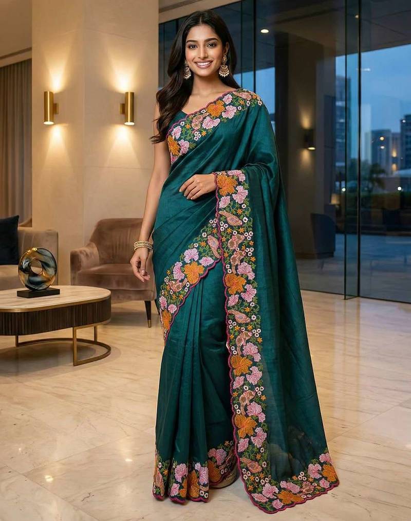 Green manipuri silk embroidered thread work heavy look ethnic saree with blouse