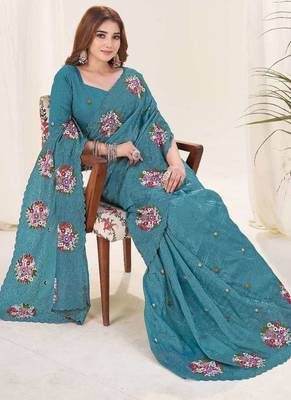 Turquoise georgette embroidered thread work heavy look ethnic saree with blouse 3